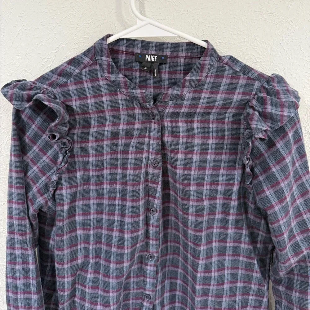 Paige Ruffle Blue Purple Plaid Button Down Flannel Shirt XS - Picture 3 of 7